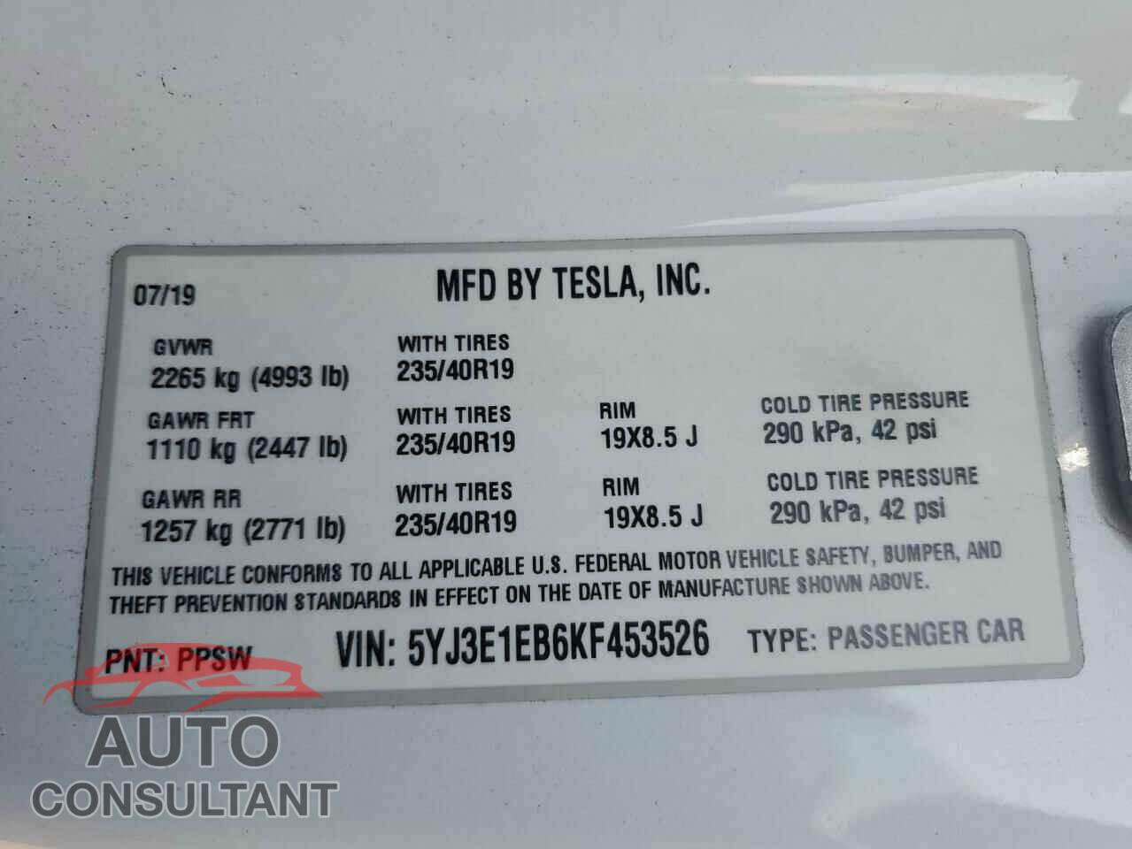 TESLA MODEL 3 2019 - 5YJ3E1EB6KF453526