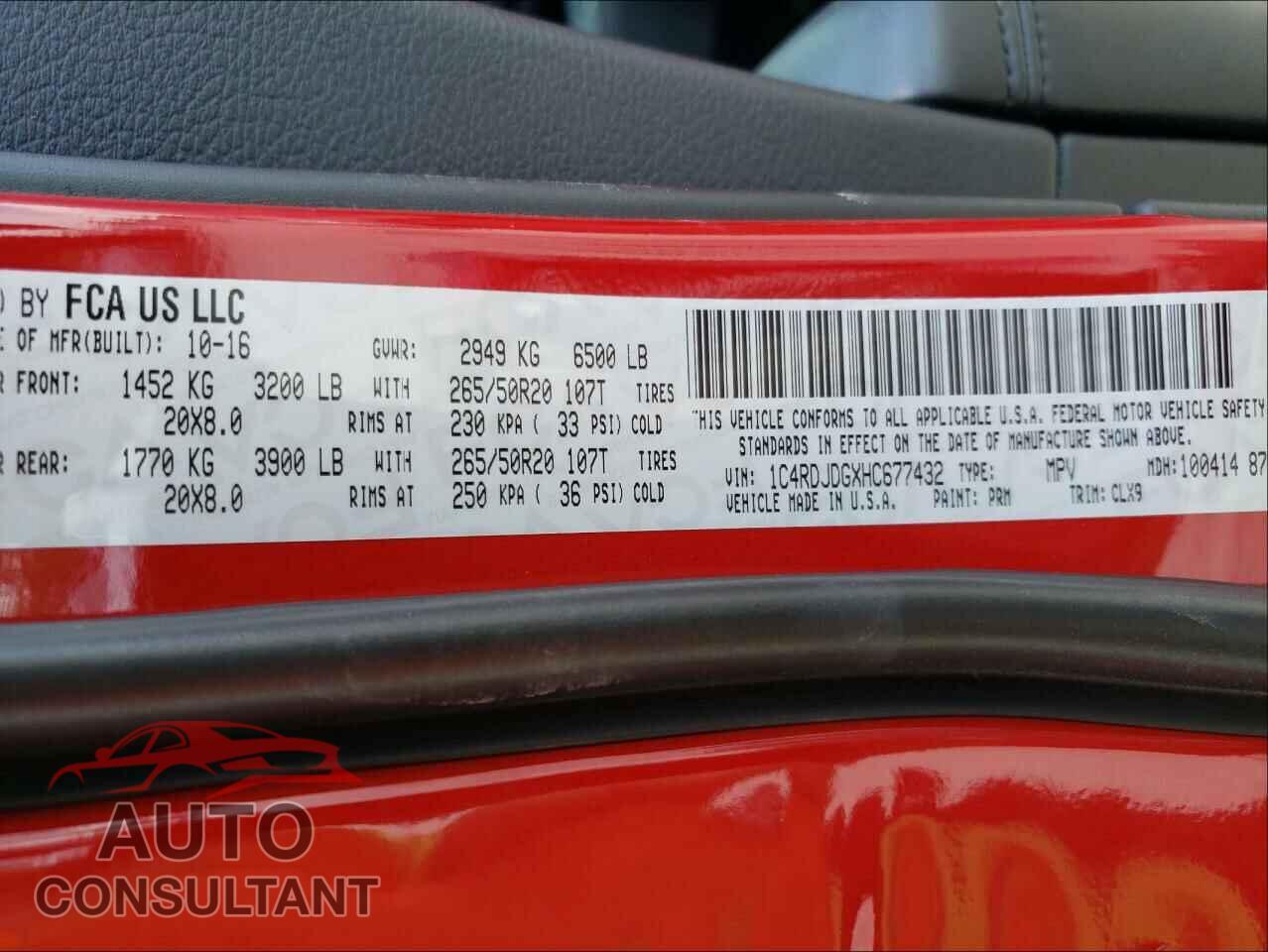 DODGE DURANGO 2017 - 1C4RDJDGXHC677432