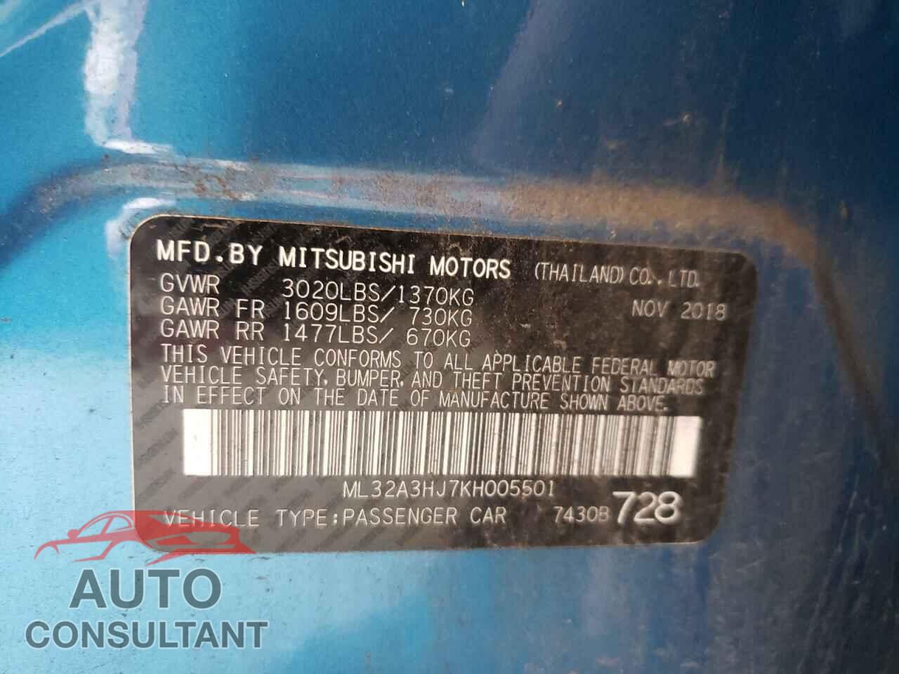 MITSUBISHI MIRAGE 2019 - ML32A3HJ7KH005501