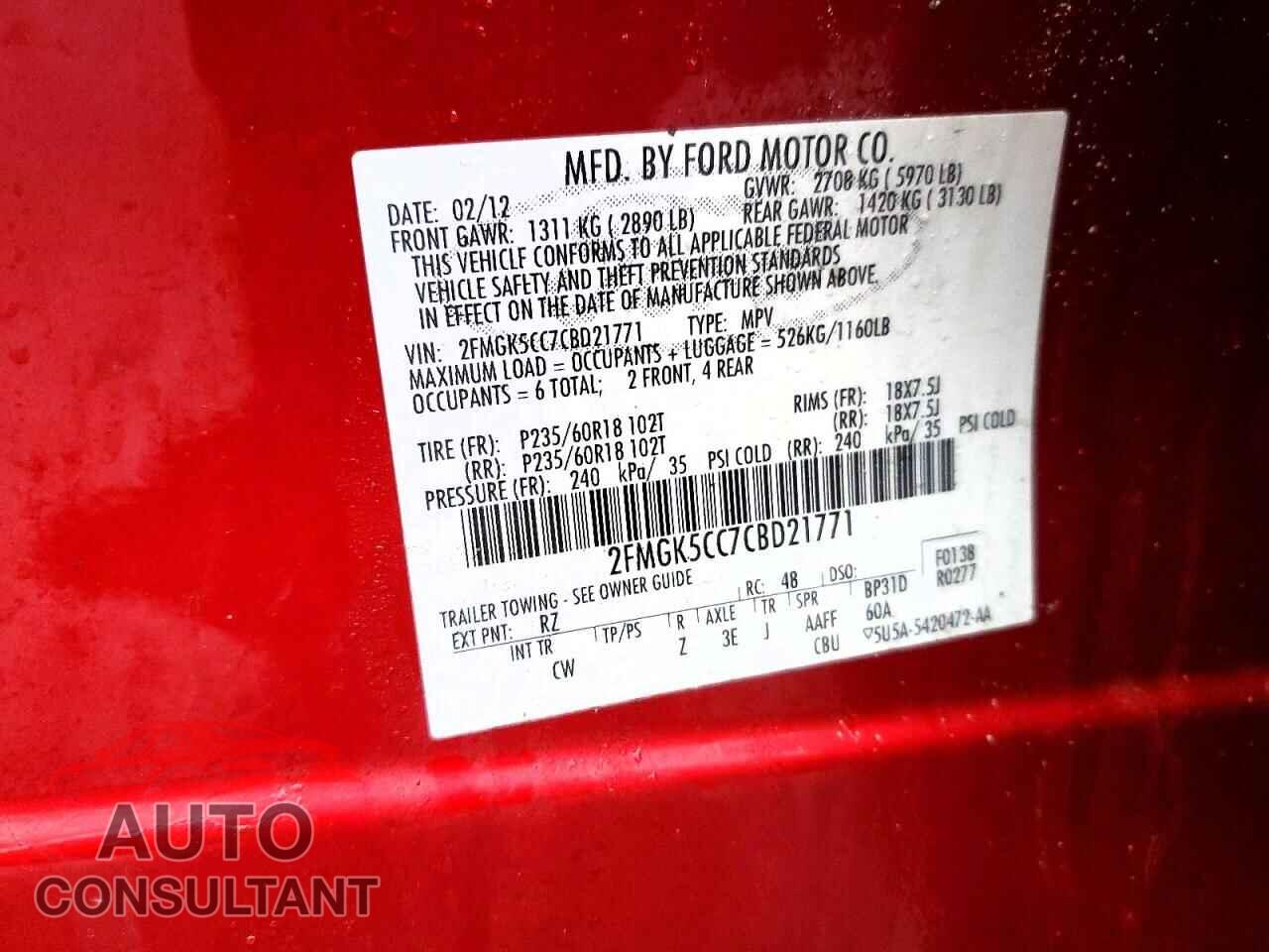FORD FLEX 2012 - 2FMGK5CC7CBD21771