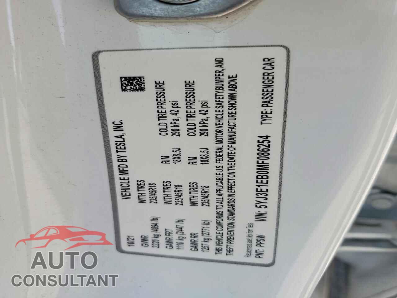 TESLA MODEL 3 2021 - 5YJ3E1EB0MF086254