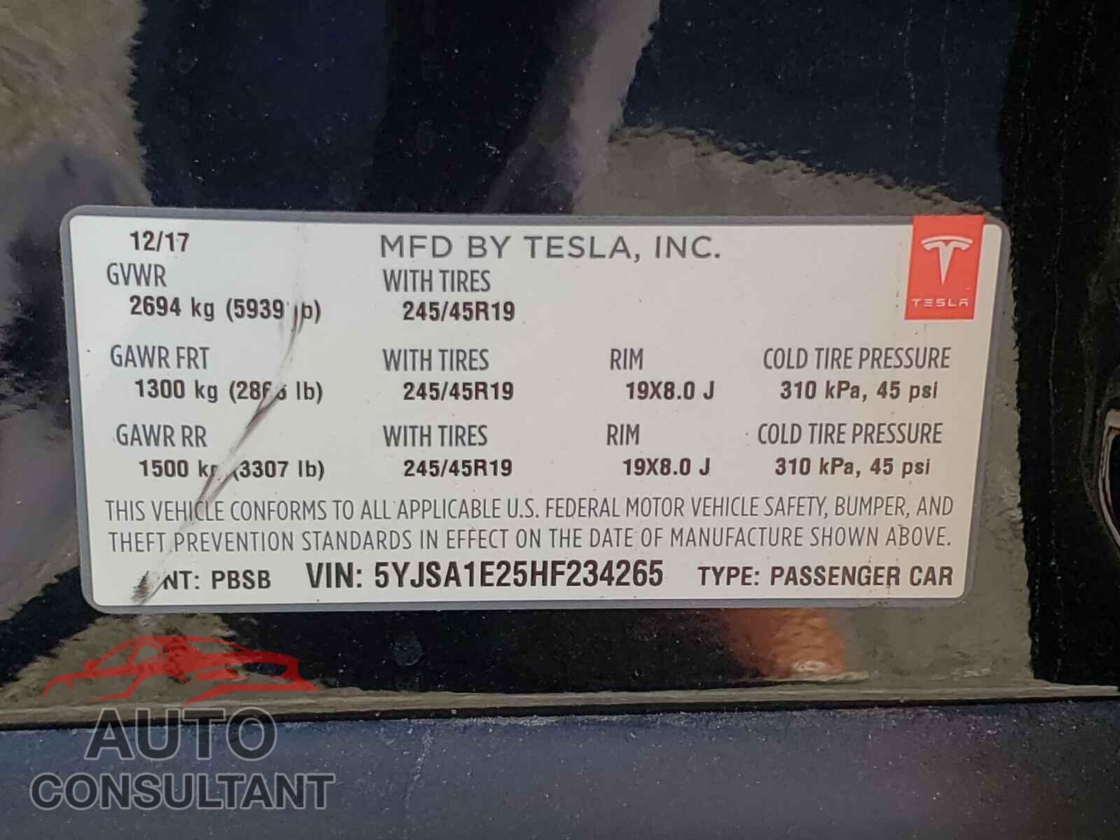 TESLA MODEL S 2017 - 5YJSA1E25HF234265
