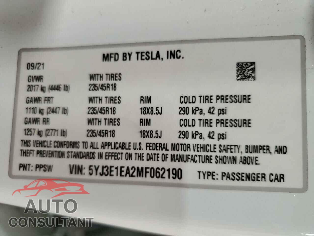 TESLA MODEL 3 2021 - 5YJ3E1EA2MF062190