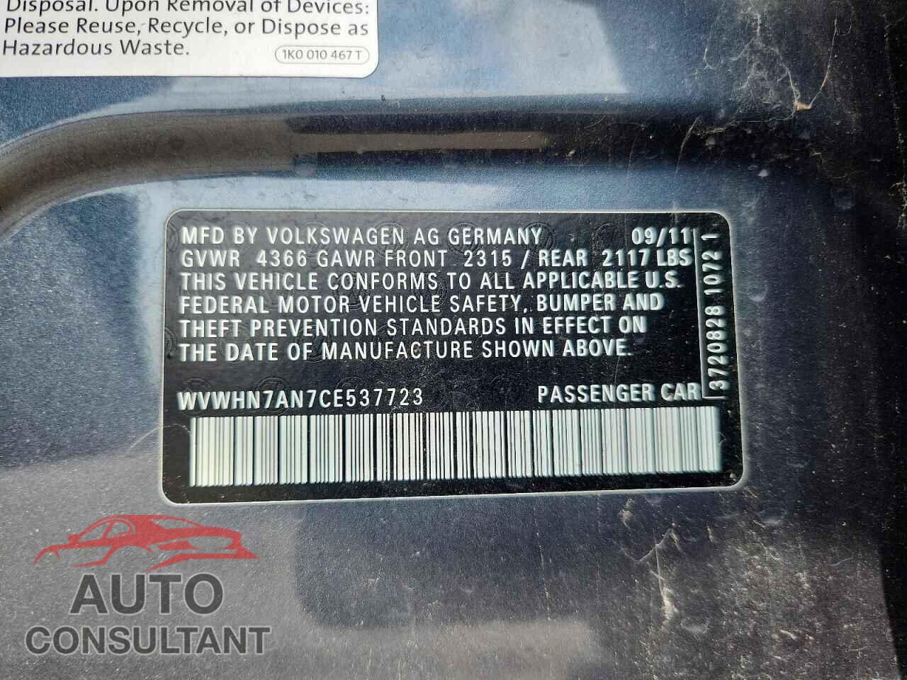 VOLKSWAGEN CC 2012 - WVWHN7AN7CE537723