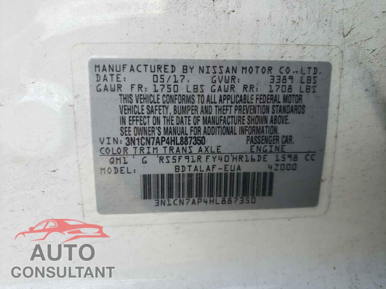 NISSAN VERSA 2017 - 3N1CN7AP4HL887350