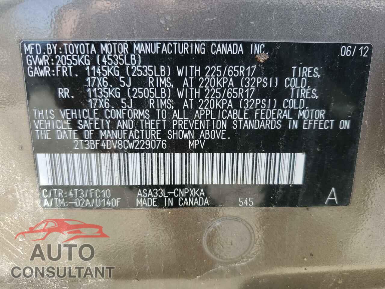 TOYOTA RAV4 2012 - 2T3BF4DV8CW229076