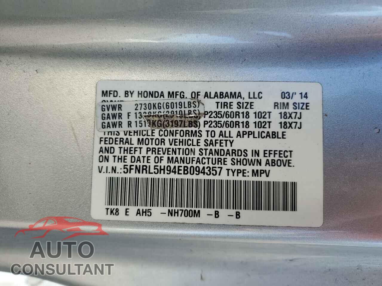 HONDA ODYSSEY 2014 - 5FNRL5H94EB094357