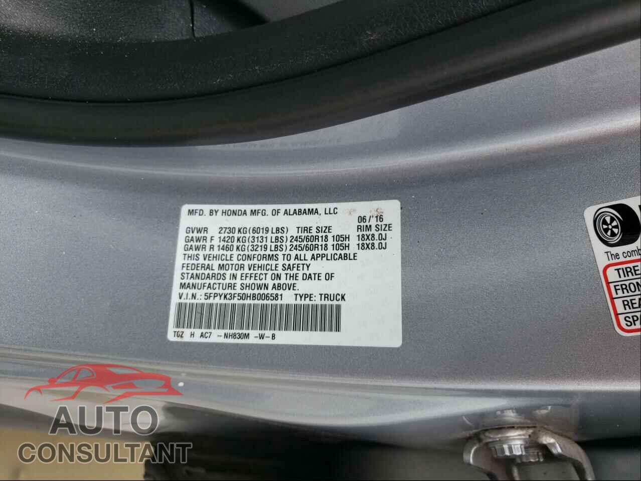 HONDA RIDGELINE 2017 - 5FPYK3F50HB006581