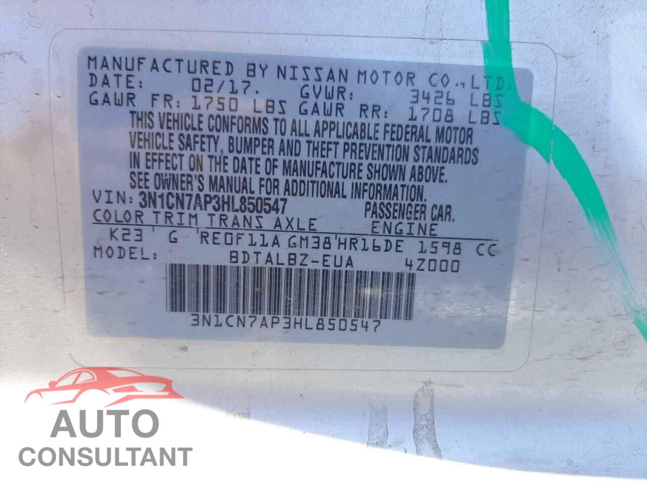NISSAN VERSA 2017 - 3N1CN7AP3HL850547