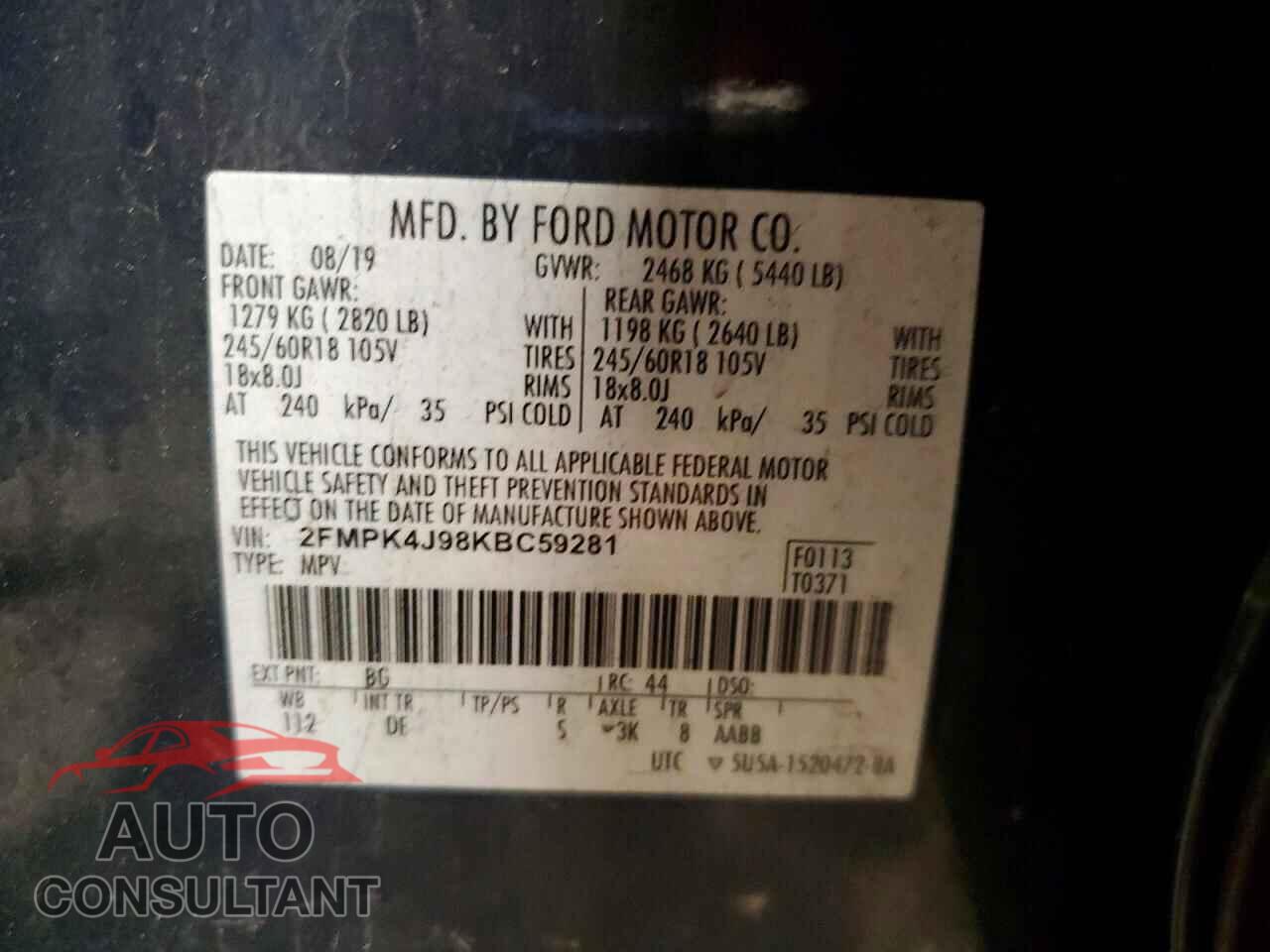FORD EDGE 2019 - 2FMPK4J98KBC59281
