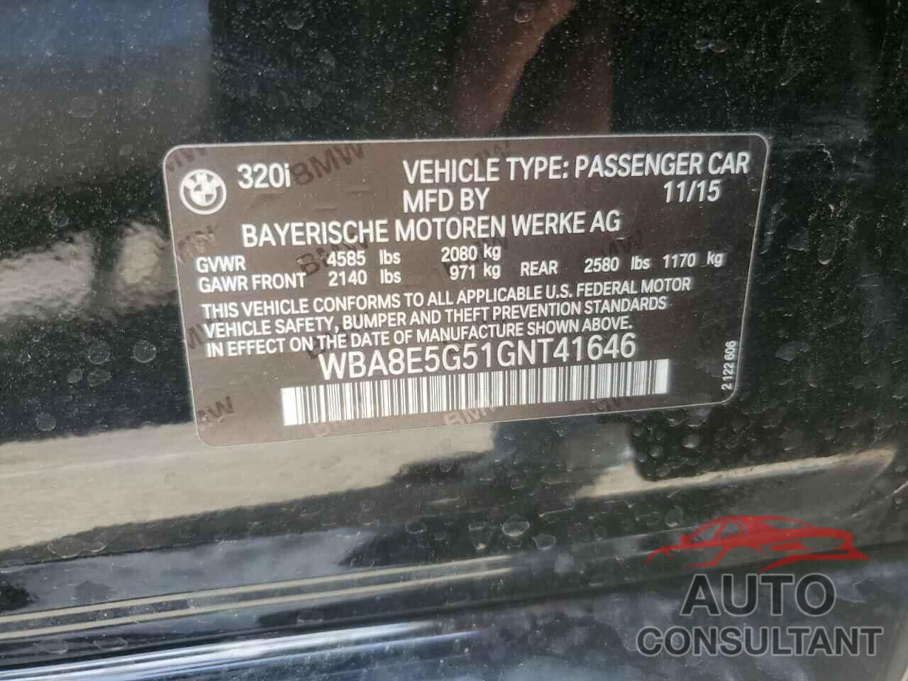 BMW 3 SERIES 2016 - WBA8E5G51GNT41646