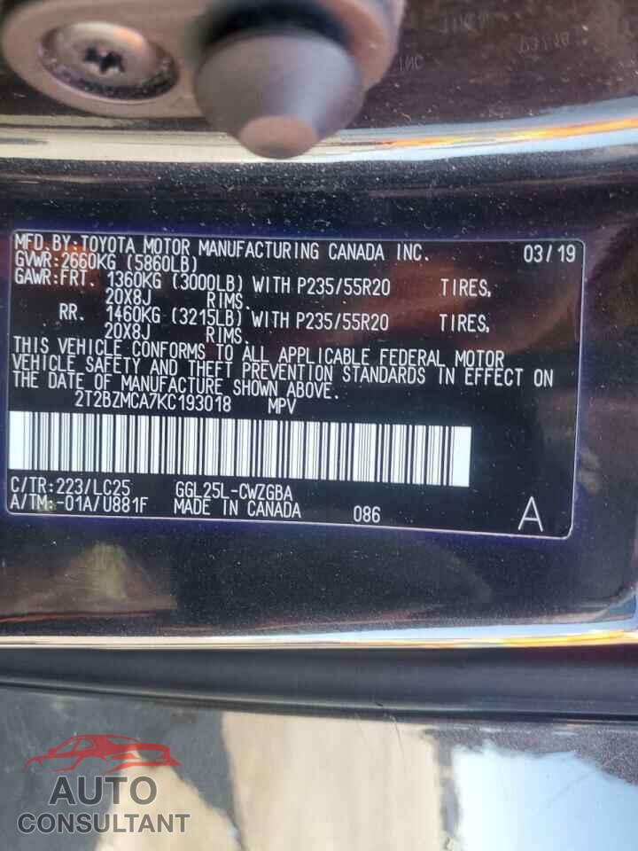 LEXUS RX350 2019 - 2T2BZMCA7KC193018
