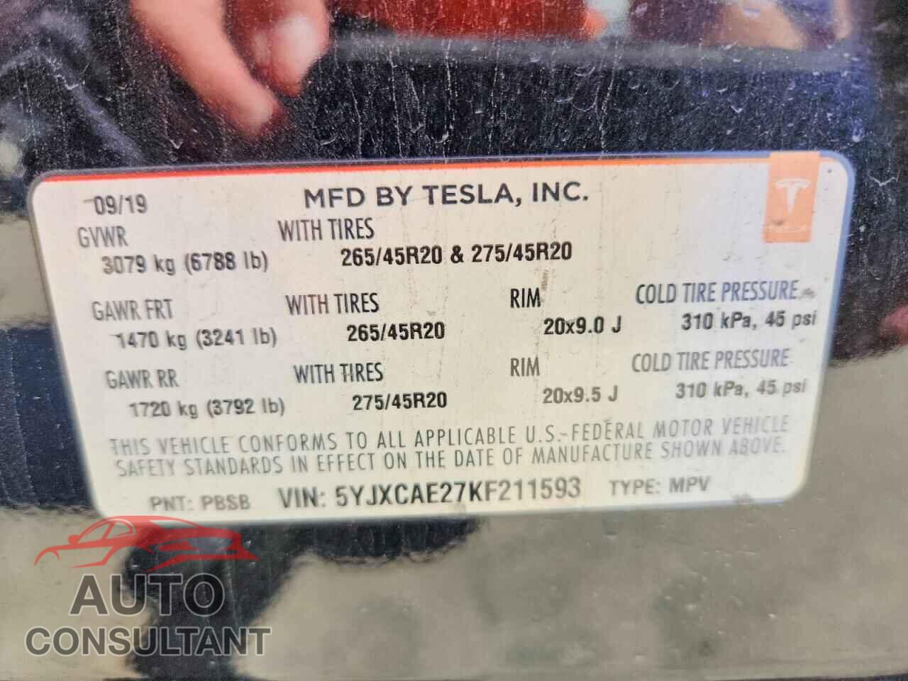 TESLA MODEL X 2019 - 5YJXCAE27KF211593