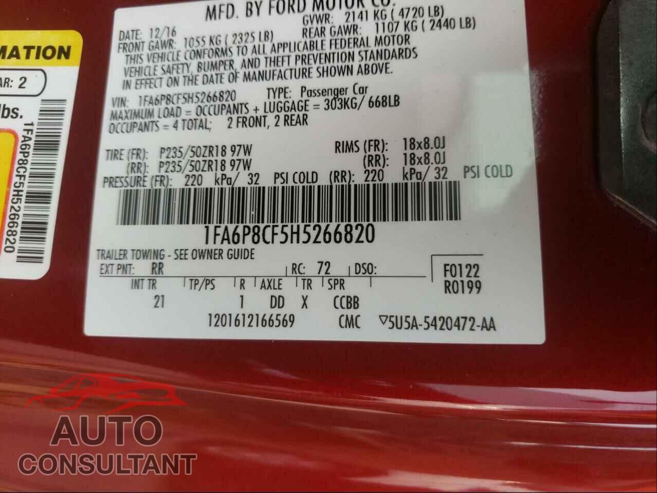FORD MUSTANG 2017 - 1FA6P8CF5H5266820