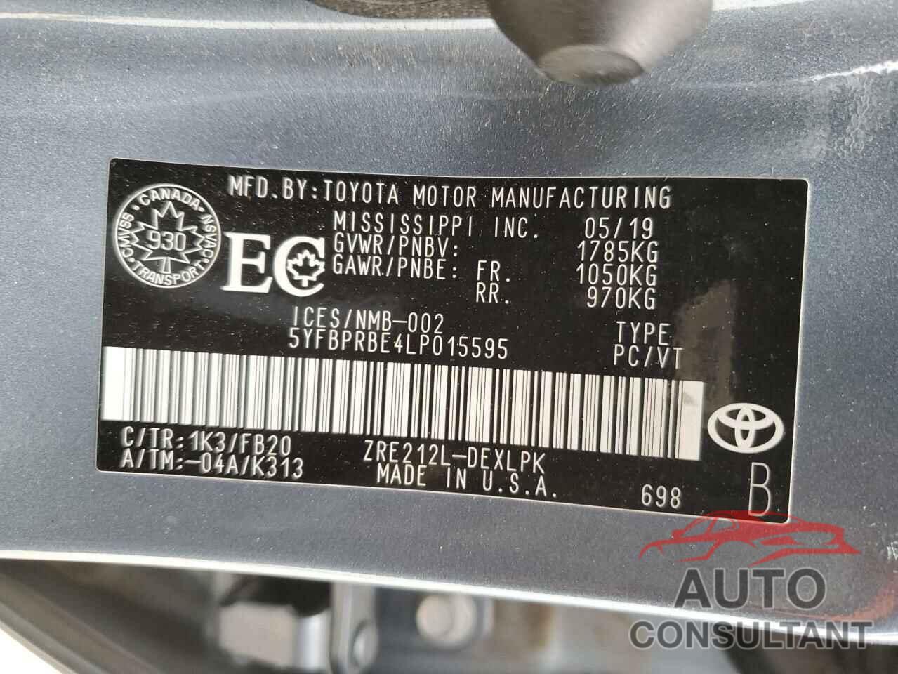 TOYOTA COROLLA 2020 - 5YFBPRBE4LP015595