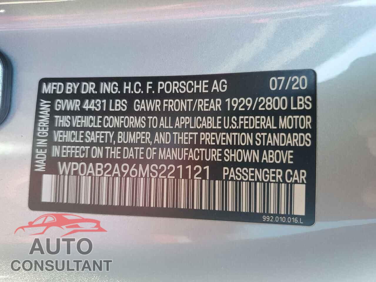 PORSCHE 911 2021 - WP0AB2A96MS221121