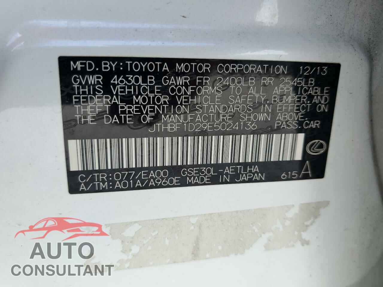 LEXUS IS 2014 - JTHBF1D29E5024136
