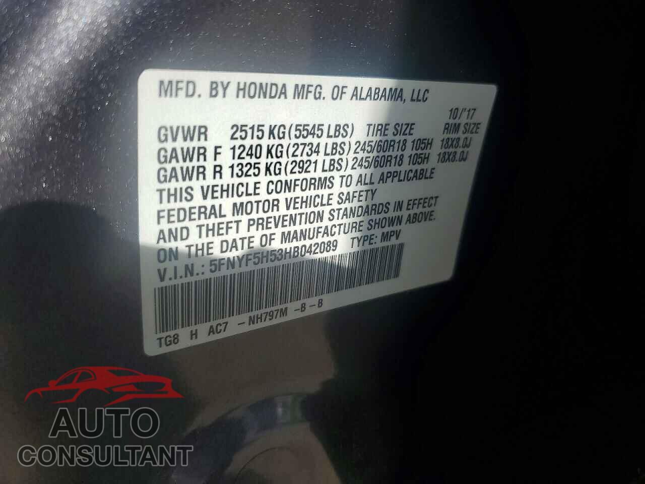 HONDA PILOT 2017 - 5FNYF5H53HB042089