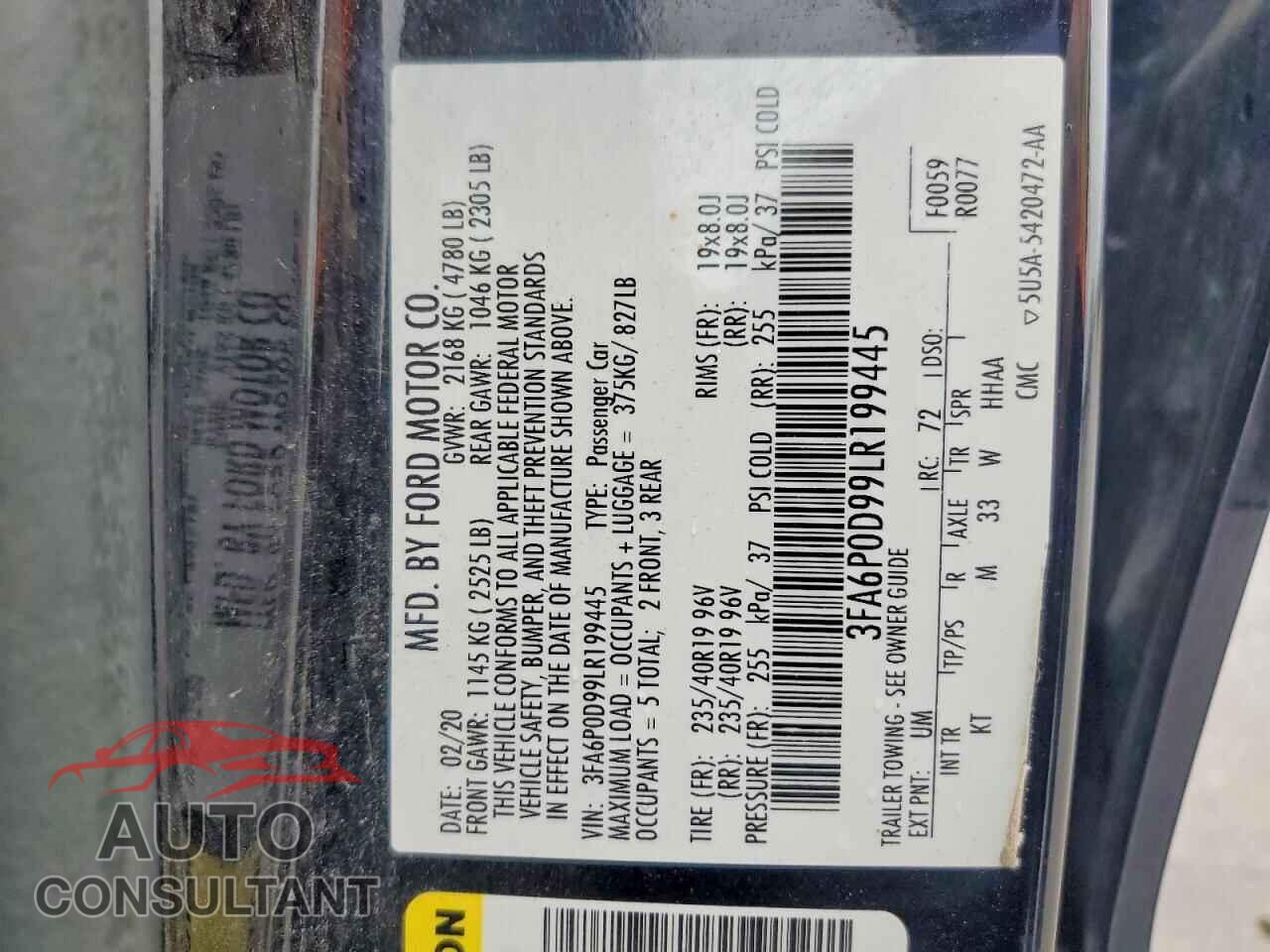 FORD FUSION 2020 - 3FA6P0D99LR199445