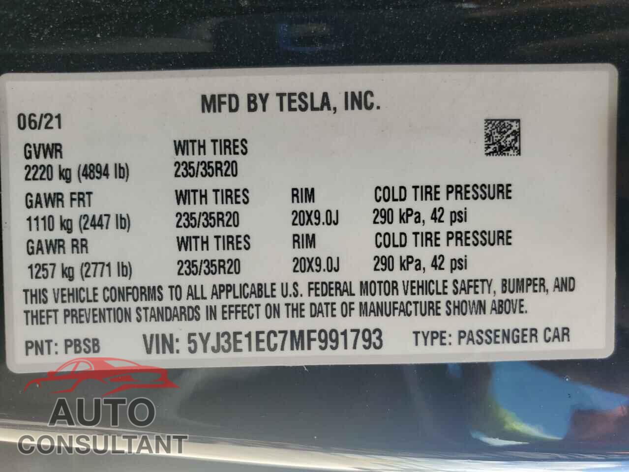 TESLA MODEL 3 2021 - 5YJ3E1EC7MF991793