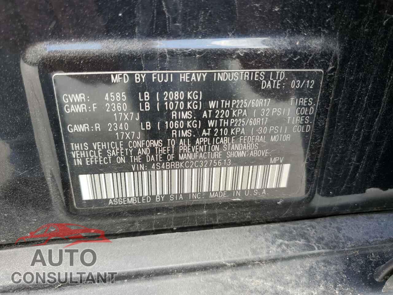 SUBARU OUTBACK 2012 - 4S4BRBKC2C3275613