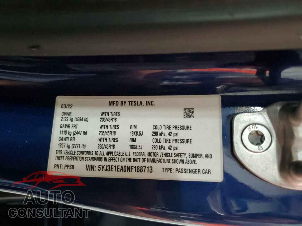 TESLA MODEL 3 2022 - 5YJ3E1EA0NF188713
