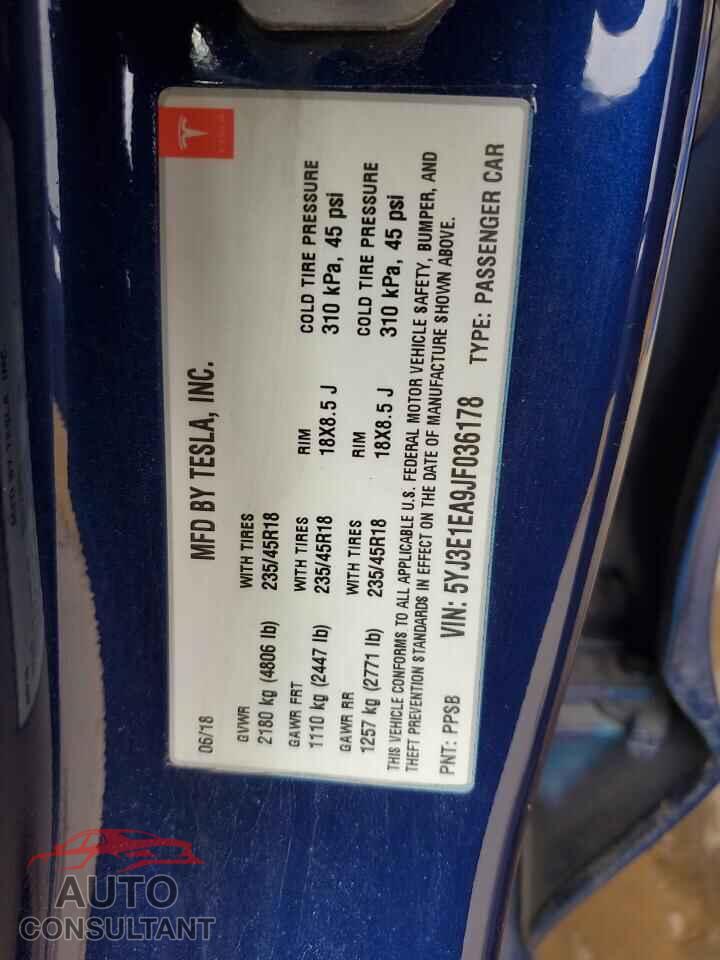 TESLA MODEL 3 2018 - 5YJ3E1EA9JF036178