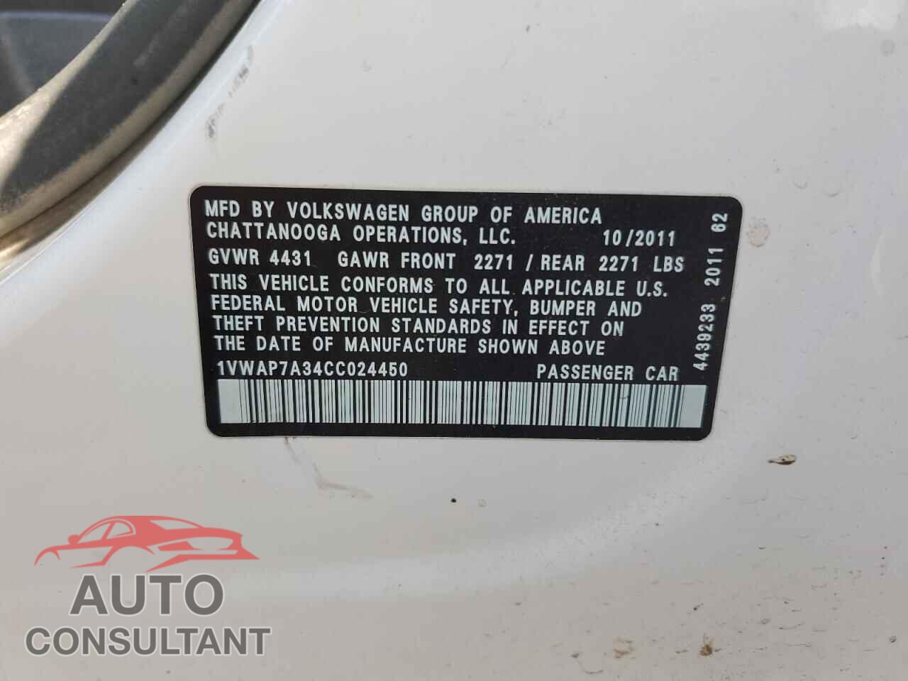VOLKSWAGEN PASSAT 2012 - 1VWAP7A34CC024450