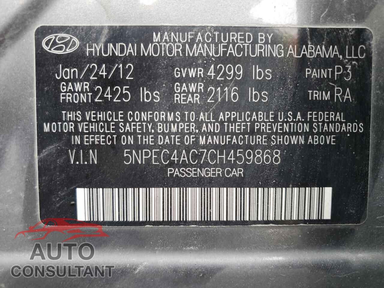 HYUNDAI SONATA 2012 - 5NPEC4AC7CH459868