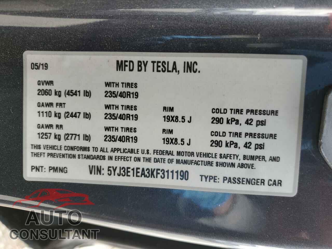 TESLA MODEL 3 2019 - 5YJ3E1EA3KF311190
