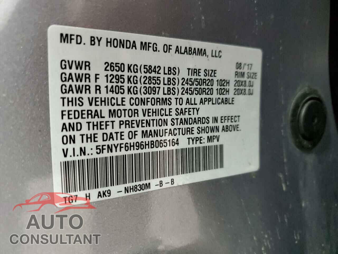 HONDA PILOT 2017 - 5FNYF6H96HB065164