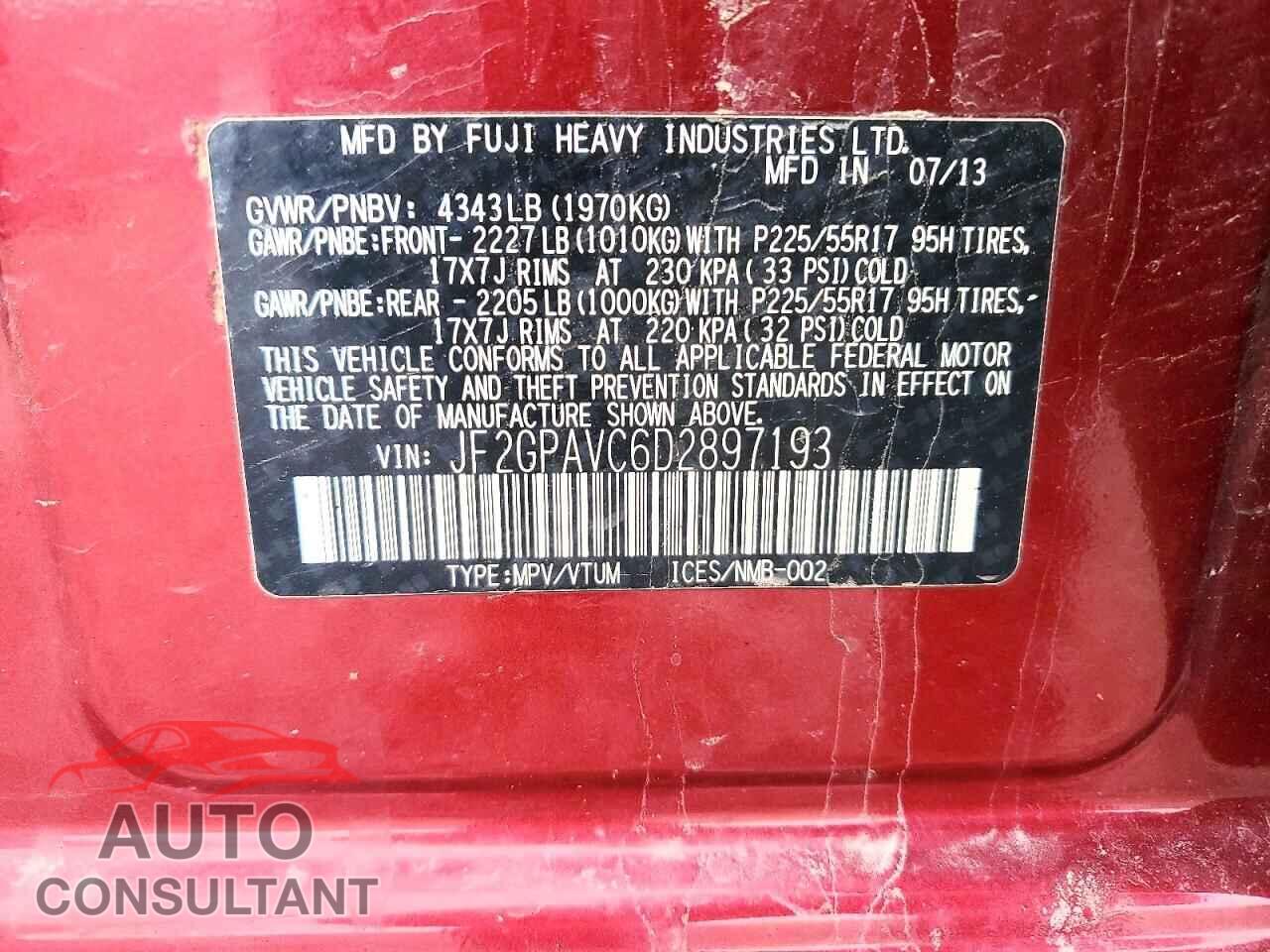 SUBARU XV 2013 - JF2GPAVC6D2897193