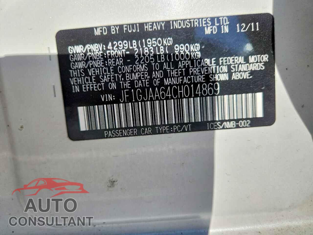 SUBARU IMPREZA 2012 - JF1GJAA64CH014869