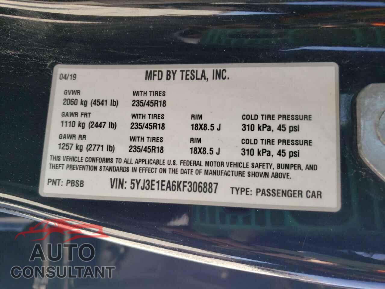 TESLA MODEL 3 2019 - 5YJ3E1EA6KF306887