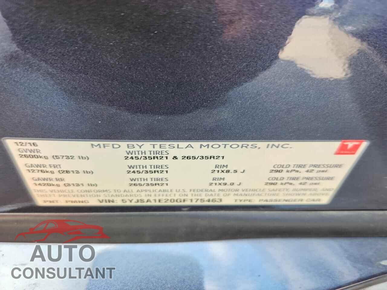 TESLA MODEL S 2016 - 5YJSA1E20GF175463