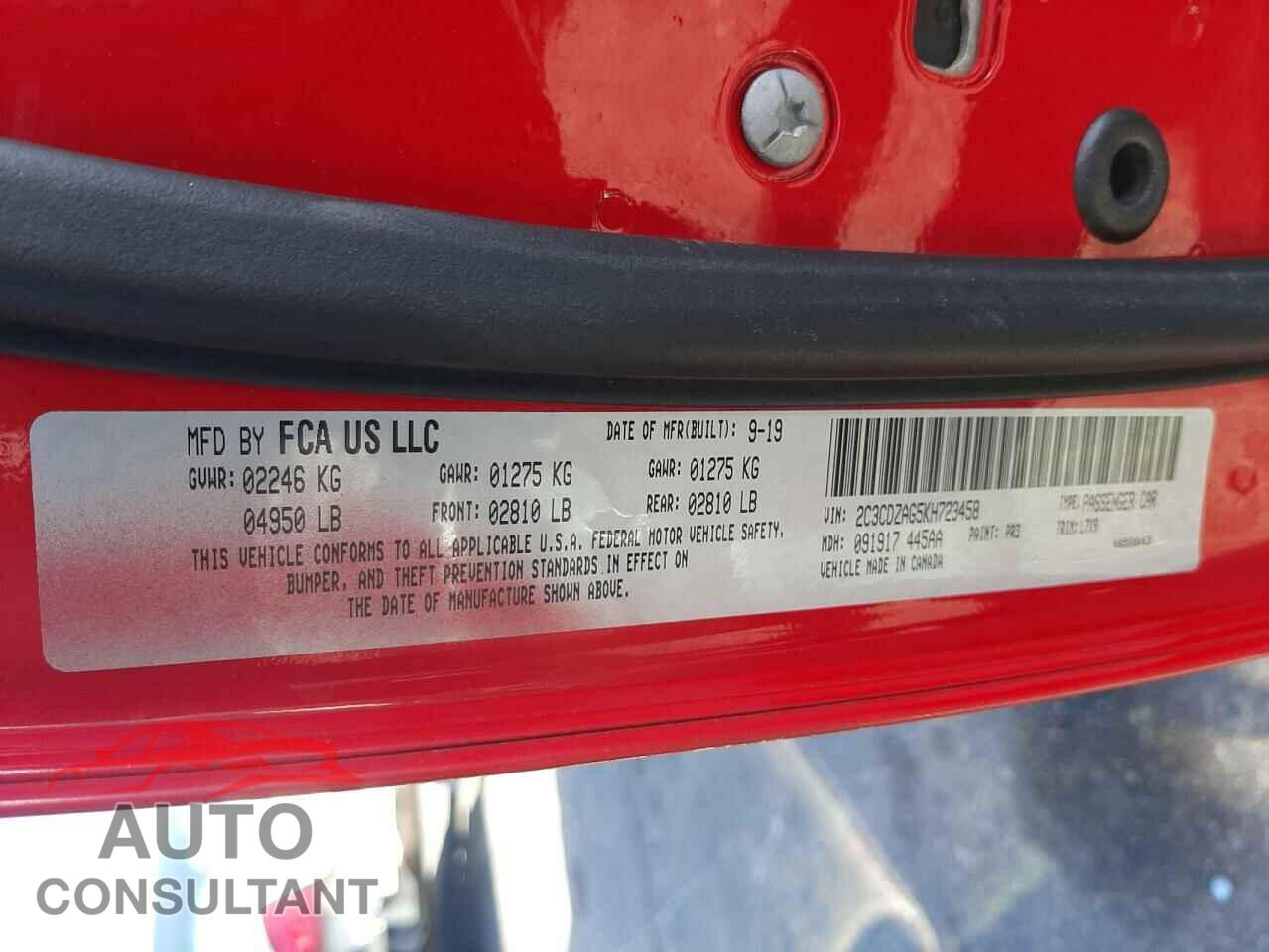DODGE CHALLENGER 2019 - 2C3CDZAG5KH723458