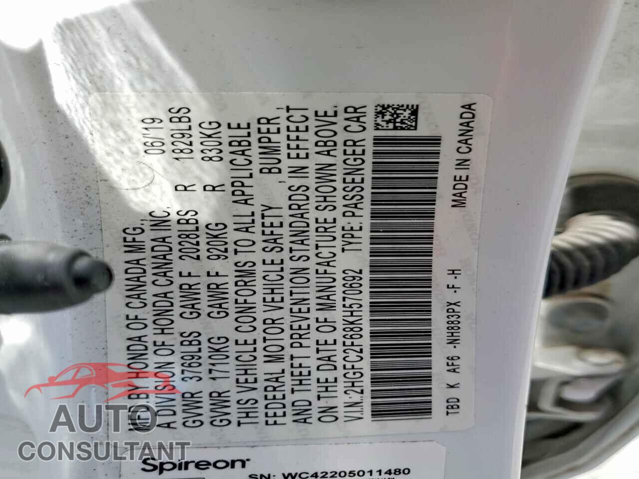 HONDA CIVIC 2019 - 2HGFC2F68KH570692