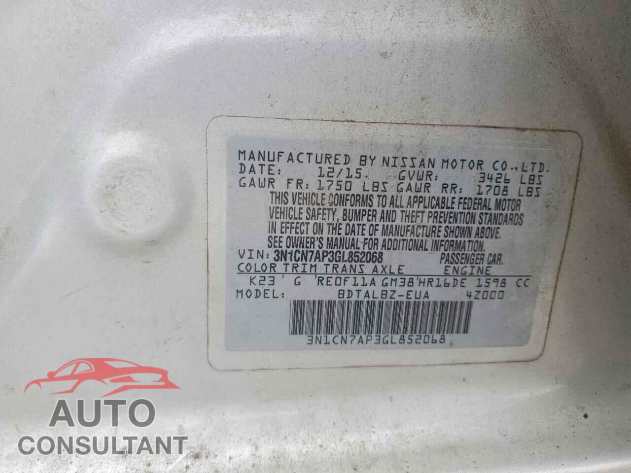 NISSAN VERSA 2016 - 3N1CN7AP3GL852068