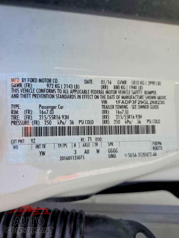 FORD FOCUS 2016 - 1FADP3F29GL268230