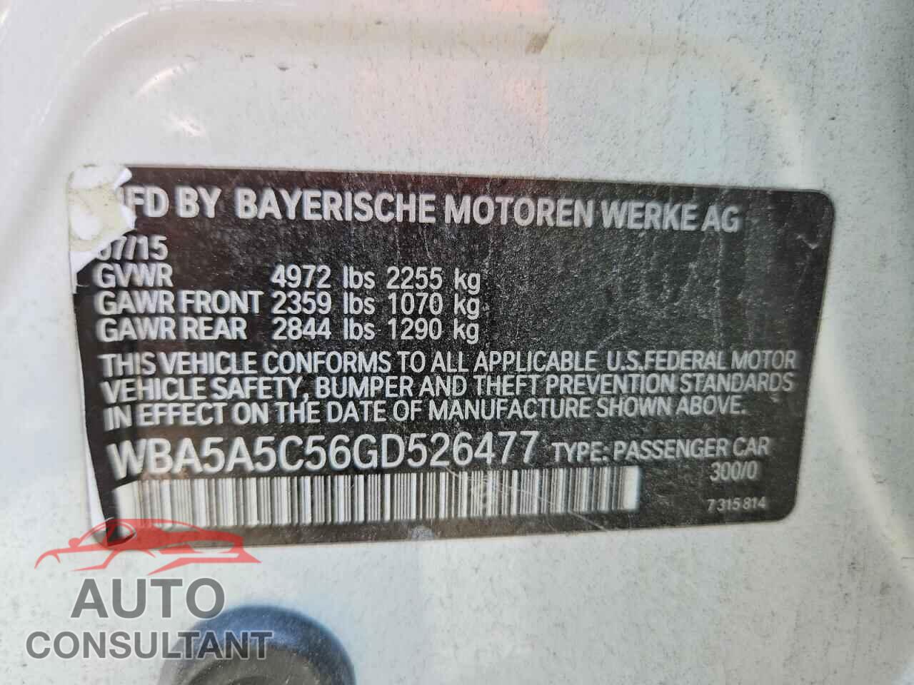 BMW 5 SERIES 2016 - WBA5A5C56GD526477