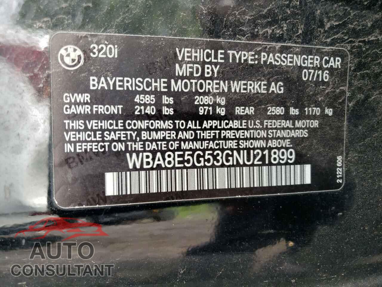 BMW 3 SERIES 2016 - WBA8E5G53GNU21899