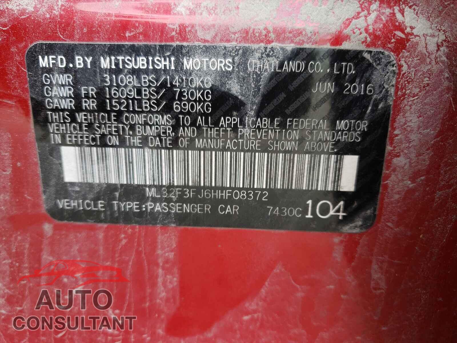MITSUBISHI MIRAGE 2017 - ML32F3FJ6HHF08372