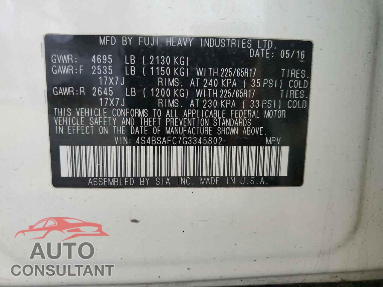SUBARU OUTBACK 2016 - 4S4BSAFC7G3345802