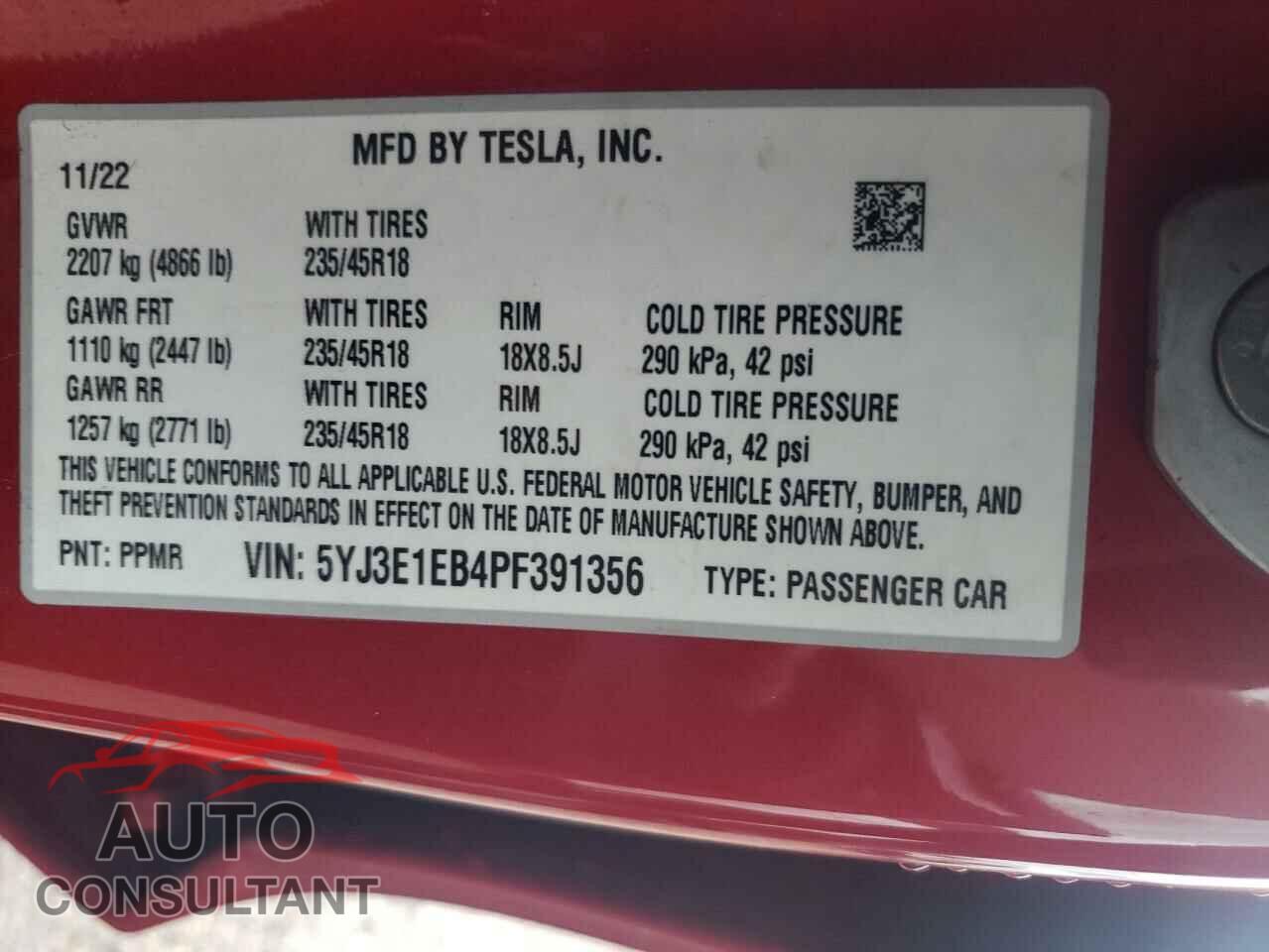 TESLA MODEL 3 2023 - 5YJ3E1EB4PF391356