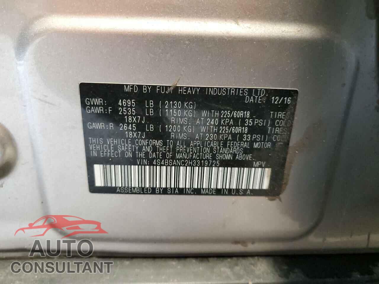 SUBARU OUTBACK 2017 - 4S4BSANC2H3319725