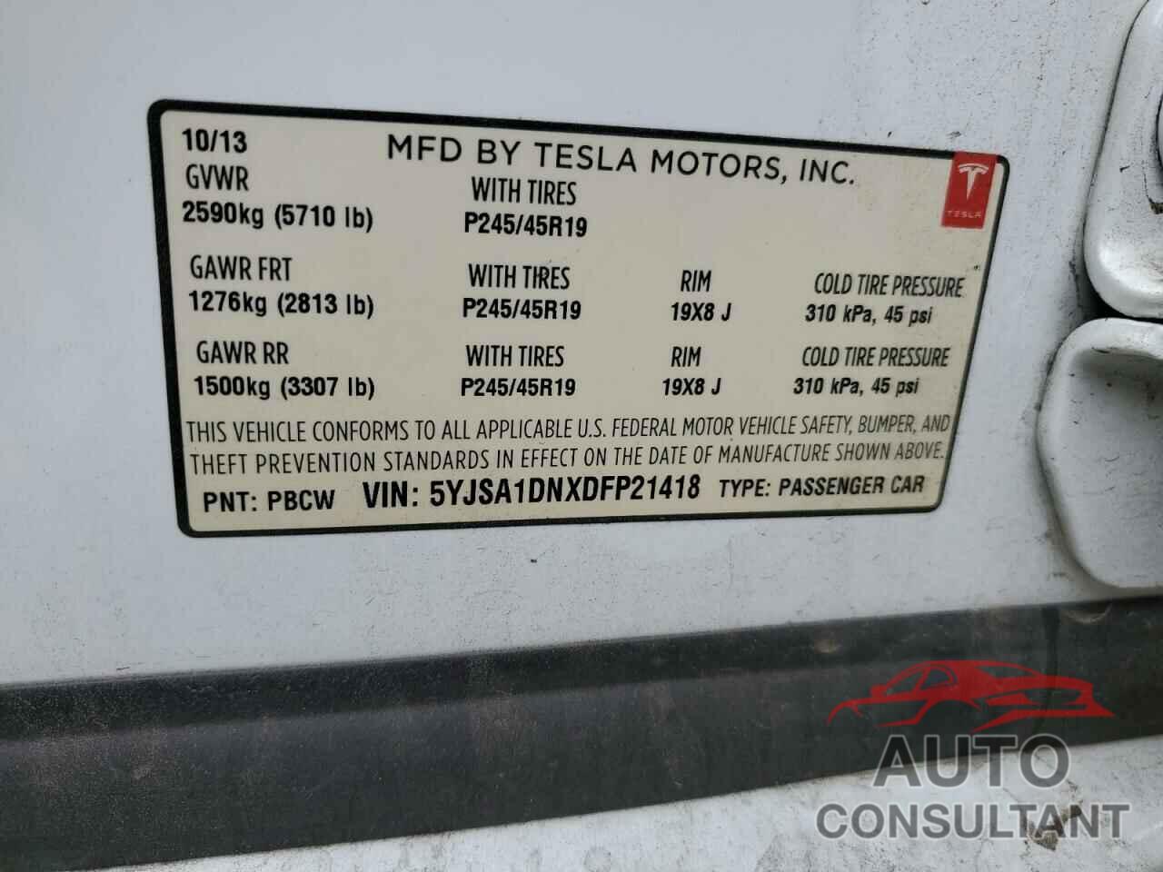 TESLA MODEL S 2013 - 5YJSA1DNXDFP21418