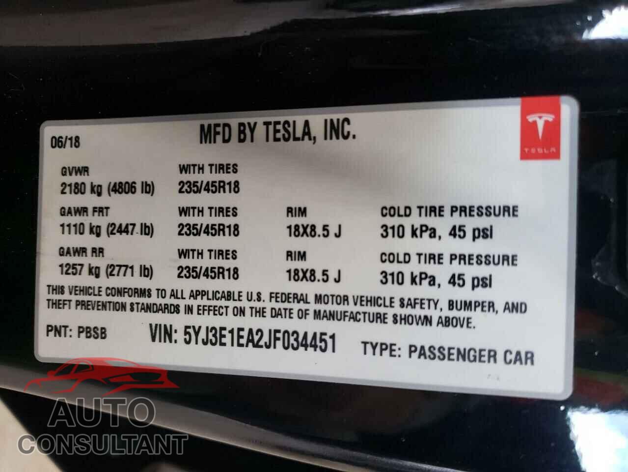 TESLA MODEL 3 2018 - 5YJ3E1EA2JF034451