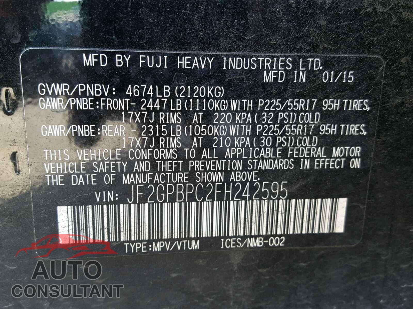 SUBARU XV CROSSTR 2015 - JF2GPBPC2FH242595