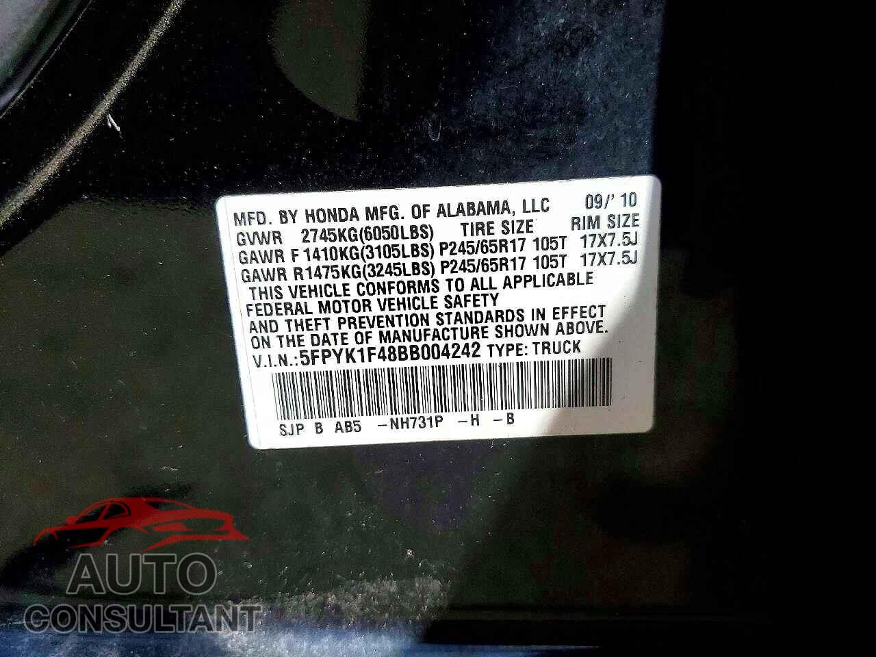 HONDA RIDGELINE 2011 - 5FPYK1F48BB004242