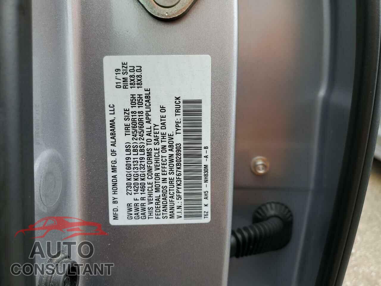 HONDA RIDGELINE 2019 - 5FPYK3F67KB028903